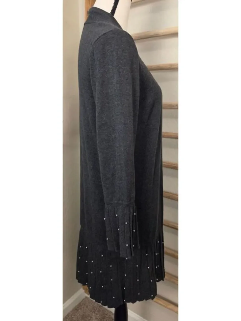 Chico's NWT Charcoal Gray Open Front Cardigan Pearl Pleated Bell Sleeve Sweater